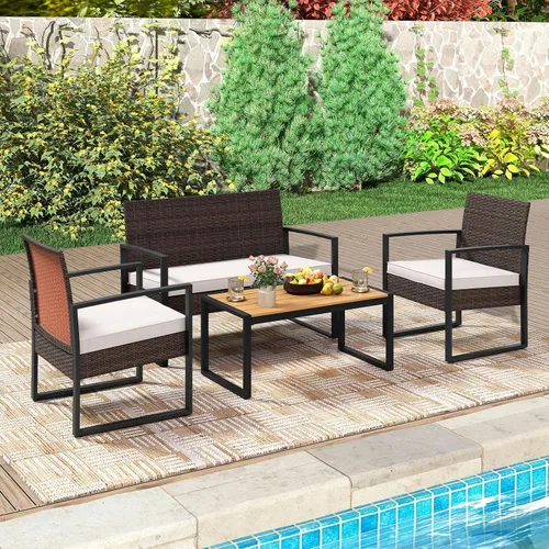 Miniatura 4 de Tangkula Juego de muebles de patio de 4 piezas, juego de conversación de ratán para exteriores con sillas acolchadas y mesa de centro de plástico