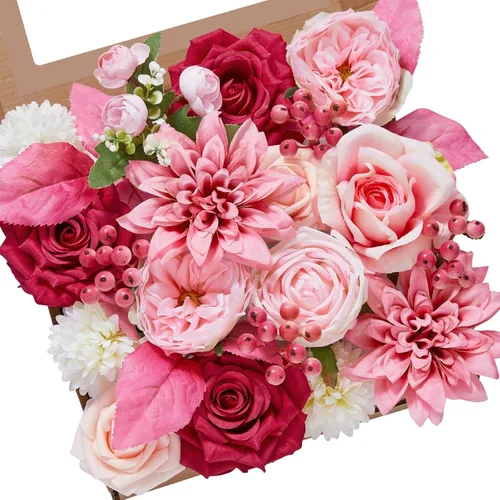 Miniatura 17 de Serwalin Flores de seda, flores artificiales burdeos para decoración de boda, rosas falsas rosas rosas y rojas con tallos y caja de vegetación, A