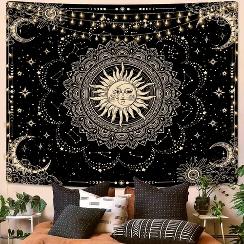 Miniatura 7 de ARTCREATOR Tapiz de sol y luna, tapices de mandala negro dorado para colgar en la pared, decoración bohemia hippie para dormitorio, sala de estar
