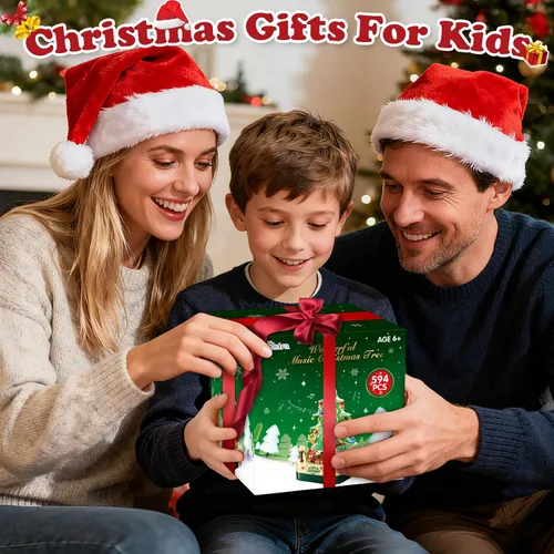 Miniatura 7 de Shemira Juego de 594 piezas de bloques de construcción de árbol de Navidad, caja de música giratoria de Navidad, juegos de construcción de juguetes