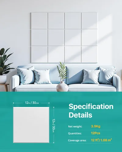 Miniatura 7 de Soundsbay Vinilo con carga masiva, paneles de pared insonorizados autoadhesivos, paquete de 12 unidades cuadradas de vinilo con carga masiva, Blanco