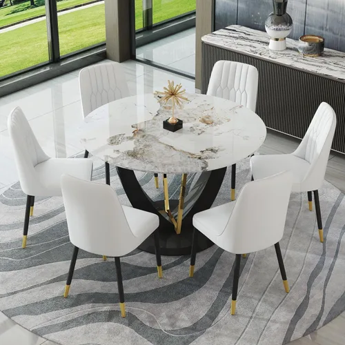 Miniatura 27 de Juego de mesa de comedor redonda para 4, mesa moderna de 48" con tapa de mármol sintético falso y pedestal brillante negro, juego de mesa de cocina