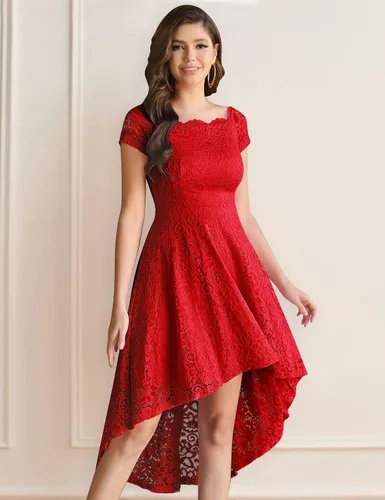 Miniatura 5 de Dressystar Vestido tipo cóctel, de encaje, para mujer, vestido irregular con vuelo y hombros descubiertos, para dama de honor, fiesta formal