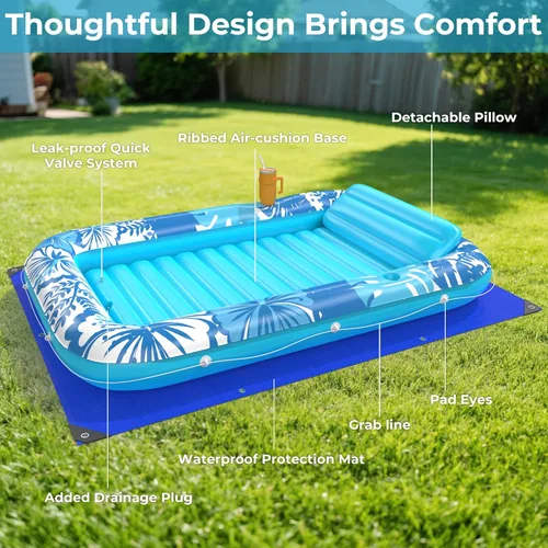 Miniatura 7 de Flotador inflable de bronceado para piscina con lona de protección, flotadores de piscina de 85 x 57 pulgadas para adultos con almohada, flotador