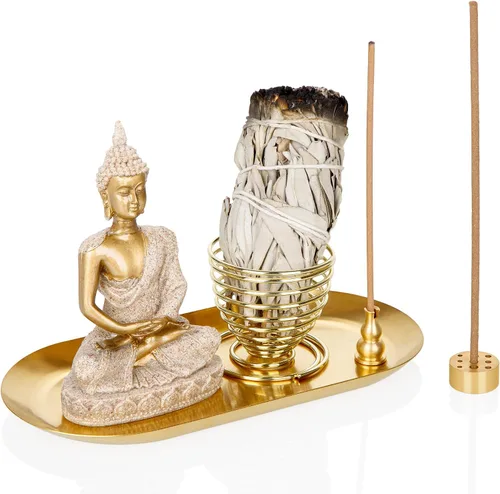 ZenBless Soporte de incienso 6 en 1 – Palo Santo, estatua de Buda, salvia y quemador de incienso para palos/bobinas/conos, recogedor de cenizas Buda