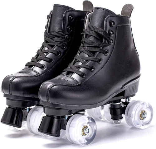 Miniatura 6 de Patines para mujer y hombre de caña alta en negro, de cuero sintético clásico, patines de doble fila ajustables para interiores y exteriores