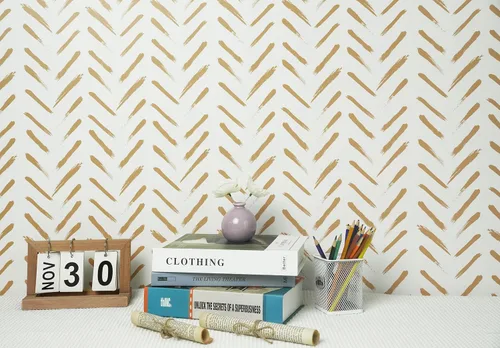 Miniatura 8 de Papel tapiz moderno de rayas para despegar y pegar, 16.1 x 78.7 pulgadas, papel tapiz geométrico beige y dorado, papel de contacto con rayas