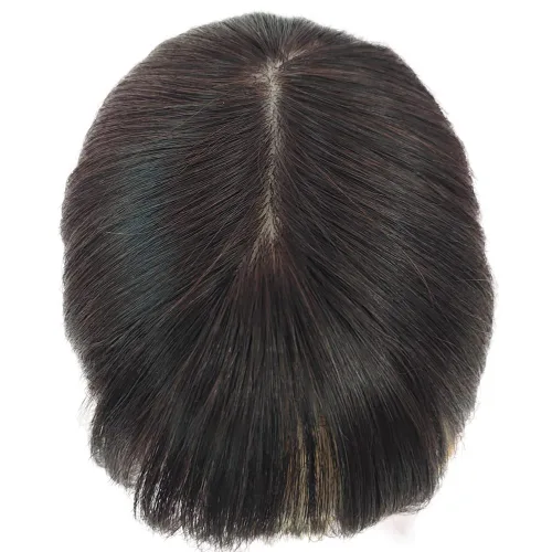 Miniatura 4 de 150 % de densidad, base de seda, cabello humano virgen, 4.7 x 5.1 in, clip en el cabello, tupé europeo de la misma longitud con flequillo de 5 x 5