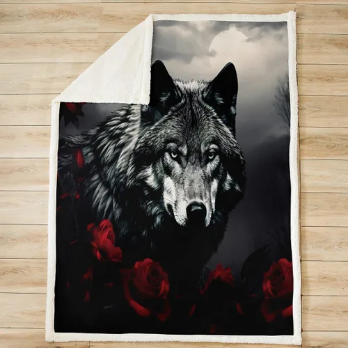 Miniatura 2 de Manfei Manta de lobo para niños, diseño de lobo con rosas rojas y flores para sofá, temática de animales, para todas las estaciones, para niños