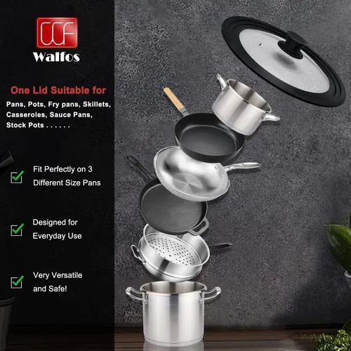 Miniatura 2 de Walfos Tapa universal para utensilios de cocina de 9, 10 y 10.5 pulgadas de diámetro, se adapta a ollas, sartenes y sartenes. Tapa de sartén