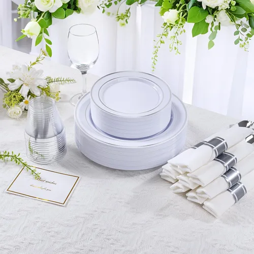 Miniatura 3 de DaYammi Juego de vajilla de plástico plateado de 350 piezas para 50 invitados, platos desechables elegantes para fiestas, incluye: 50 platos llanos