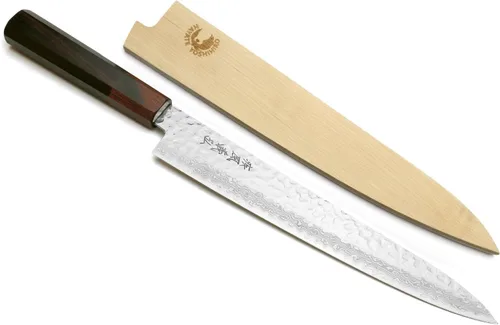Yoshihiro VG10 46 Capas Damasco Martillado Sujihiki Cuchillo Rebanador Japonés (9.5" (240mm) Mango de Palisandro)