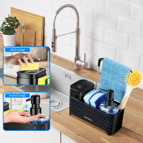 Miniatura 2 de Juego de dispensador de jabón de cocina, soporte de esponja para fregadero de cocina, dispensador de jabón de manos y platos con organizador
