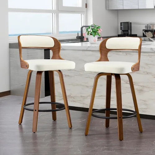 Miniatura 11 de VipDesk Taburetes de bar giratorios, Taburetes de bar de altura de mostrador de nogal con respaldo y brazos, Taburetes de bar tapizados modernos