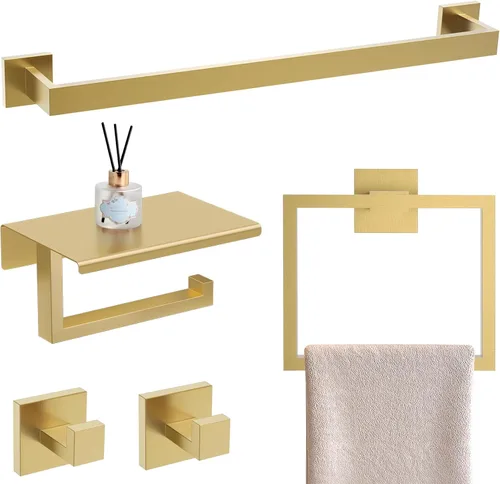 YACVCL Juego de accesorios de baño de oro cepillado de 23.6 pulgadas, juego de 5 toalleros y soporte para baño, soporte de papel higiénico mejorado