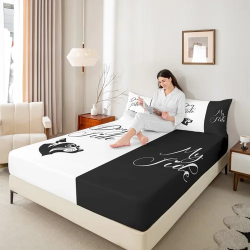 Miniatura 6 de Dog Side My Side - Juego de sábanas de tamaño Queen, color negro y blanco, sábana bajera ajustable para mujeres y hombres, sábanas románticas