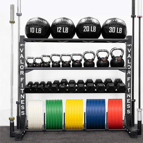 Miniatura 3 de Valor Fitness Estante de almacenamiento de equipo de gimnasio de 4 niveles resistente – Organiza pesas rusas, mancuernas, pelotas medicinales