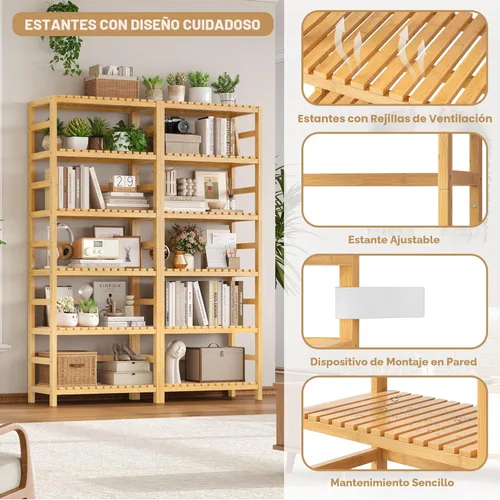Miniatura 6 de FOTOSOK Estantería de bambú de 6 niveles, estantería ajustable con estantes, estantería de almacenamiento independiente, soporte para plantas