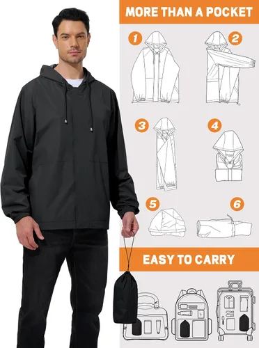 Miniatura 4 de Chaqueta impermeable para hombre, rompevientos, ciclismo, correr, senderismo, golf, viajes, capucha, ligera, plegable