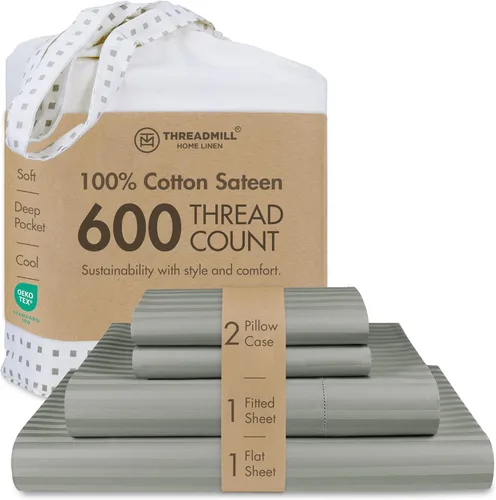 Miniatura 16 de Threadmill Sábanas de Algodón 100% para Cama Tamaño Queen - Juego de Sábanas Queen de 600 Hilos con Bolsillo Profundo de 16" - Juego de Ropa de Cama