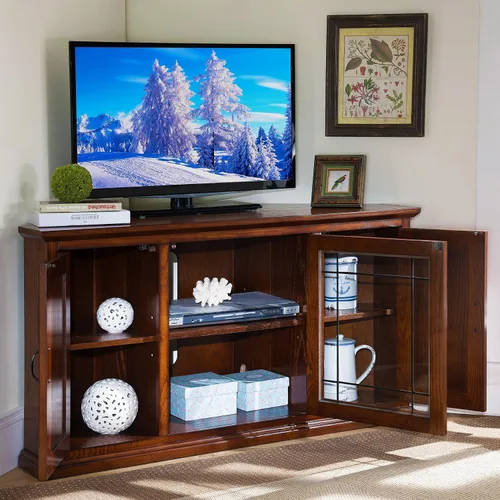 Miniatura 7 de Leick Home 80385 Soporte de TV de esquina de tres puertas de vidrio con plomo con almacenamiento cerrado para televisores de 50 pulgadas, roble
