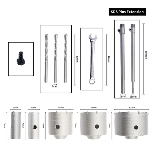 Miniatura 2 de Kit de taladro para hormigón, 11 piezas, cortador de agujeros LAIWEI de 1.181 in, 1.575 in, 2.677 in, 3.150 in, 3.937 in. con 3 brocas SDS y 2