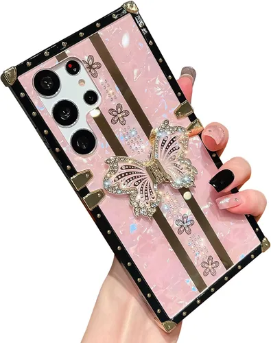 Miniatura 56 de Bonita funda compatible con Samsung Galaxy S22 Ultra, soporte plegable de lujo con diseño de mariposa brillante para mujeres y niñas, funda Blanco