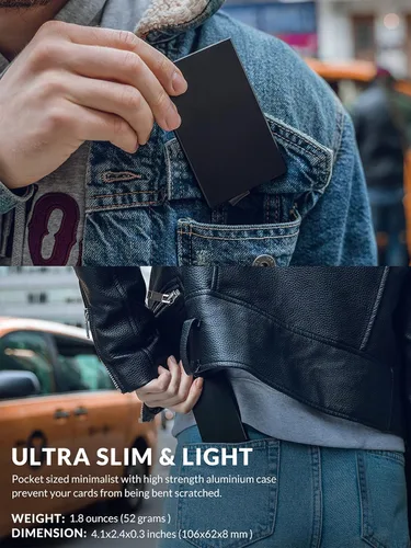 Miniatura 29 de VULKIT Cartera desplegable, soporte minimalista para tarjetas de crédito, bloqueo RFID, funda de metal delgada para hombres