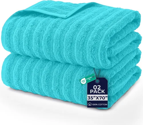 DAN RIVER Paquete de 2 sábanas de baño de 35x70 pulgadas, sábanas de baño jumbo acanaladas para adultos, toallas grandes gruesas y absorbentes -