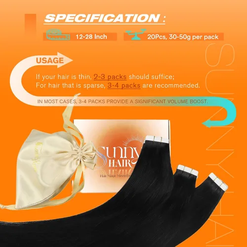 Miniatura 5 de Sunny Hair - Extensiones adhesivas de cabello humano, 24 pulgadas, cinta invisible, color negro azabache, para mujeres, 1.76 onzas, 20