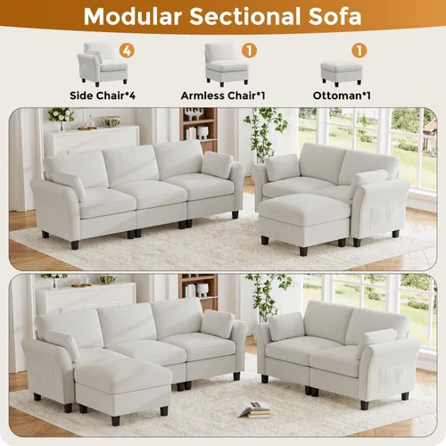 Miniatura 6 de Legend Vansen Sofá modular seccional, cómodo sofá modular en forma de U de 6 asientos con espacio de almacenamiento y diván, sofás seccionales Crema