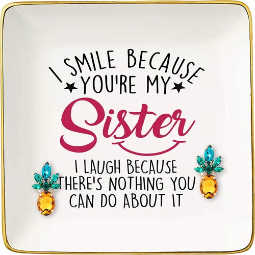 Divertido regalo para el día de la madre para hermana-hermana, regalo con texto en inglés "I Smile Because You Are My Sister", bandeja de cerámica