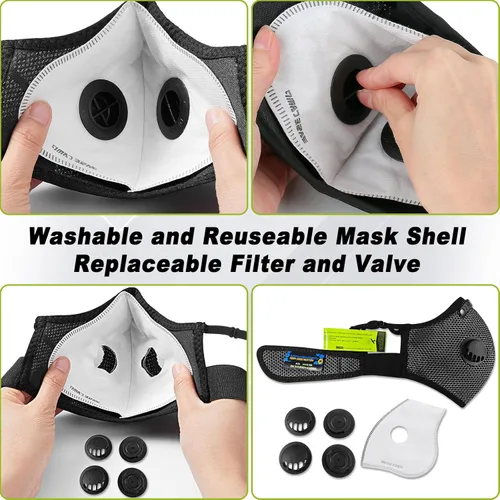 Miniatura 7 de BASE CAMP Máscara de polvo M Plus de plata y negro, con 6 filtros de carbón activado, reutilizable, máscara facial con respirador, máscaras