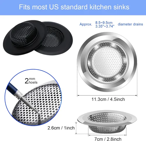 Miniatura 2 de Cesta de Drenaje para Fregadero de Cocina, Juego de 4 Coladores de Fregadero de Acero Inoxidable y Negro con Malla para Cocina con Borde Ancho