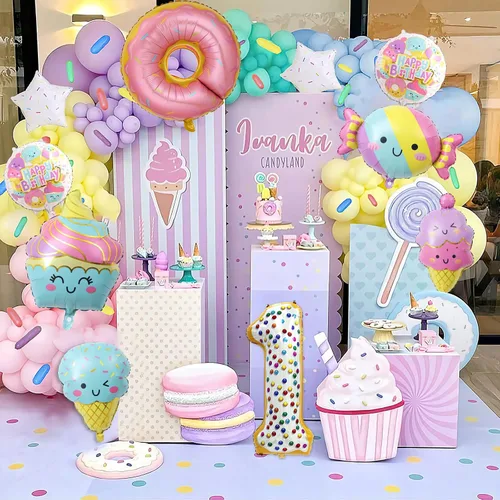 Miniatura 7 de 10 globos de helado, globos de papel de aluminio Mylar con número de dona de caramelo, temática de helado, suministros de fiesta de primer cumpleaños