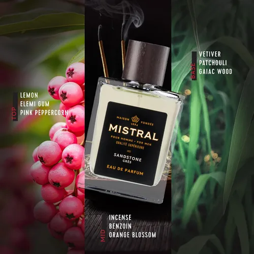 Miniatura 4 de Mistral Colonia para Hombres – Sandstone Eau de Parfum Aroma Masculino Terroso y Picante con Limón, Pachulí y Flor de Naranja Perfume Sin