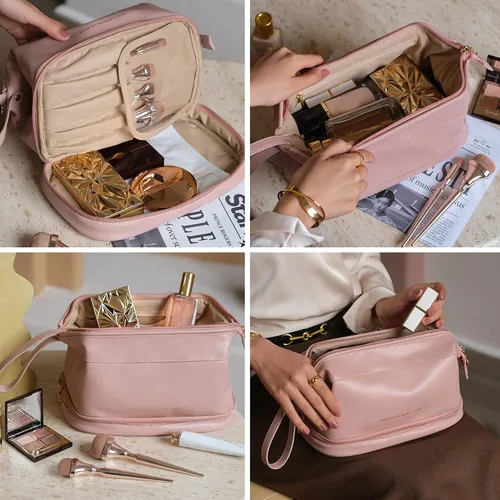 Miniatura 7 de Nuevo bolso cosmético del viaje de la capacidad grande, bolso del organizador del maquillaje, diseño interior claro del bolsillo, C-rosa, Clásico