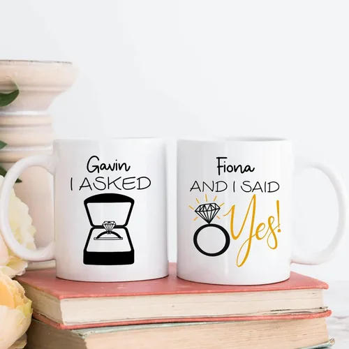 Miniatura 5 de Juego de tazas de café personalizadas con texto en inglés "I Asked And I Said Yes", regalos para parejas de recién casados/queridos, regalos