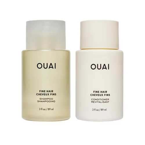 OUAI Juego de champú y acondicionador para cabello fino, tamaño de viaje, champú y acondicionador voluminizador, con queratina fortalecedora,