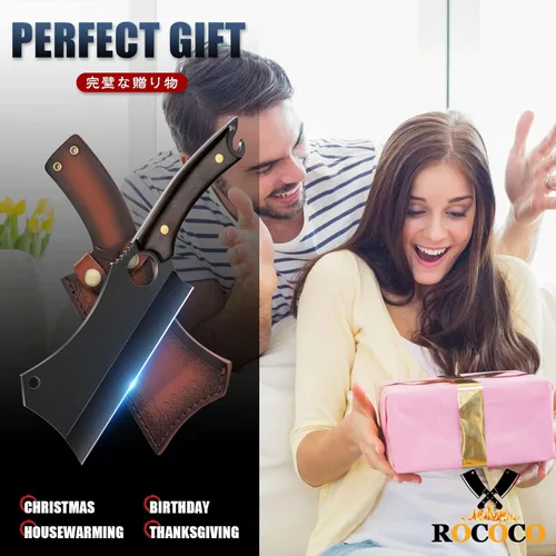 Miniatura 8 de ROCOCO - Cuchillo de carnicero para carne con vaina - Cuchillo de corte de carne forjado a mano con funda para BBQ al aire libre, camping, idea