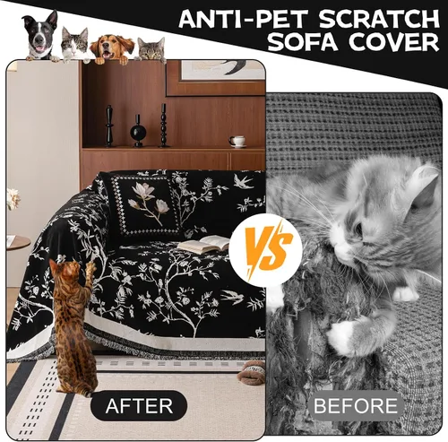 Miniatura 3 de HANDONTIME Funda para sofá para perros lavable con estampado floral de pájaros para sofás y sillones, funda de sofá negra con flores de jacquard