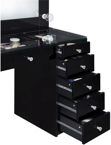 Miniatura 6 de MAKLAINE Juego de tocador de 7 cajones con espejo iluminado, parte superior de madera y vidrio, acabado negro de alto brillo, tocador contemporáneo