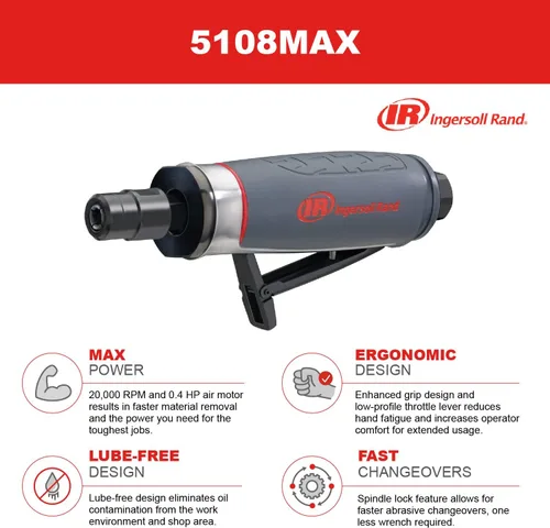 Miniatura 3 de Ingersoll Rand 5108MAX Amoladora Neumática de Troquel, 25,000 RPM, 0.4 HP, pinza de 1/4", escape trasero