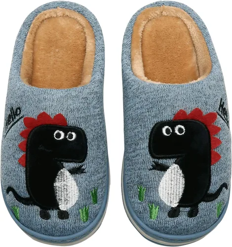 Miniatura 2 de INMINPIN - Pantuflas acogedoras para niños y niñas con diseño de dinosaurio, de algodón de felpa, cálidas para invierno, antideslizantes, para casa