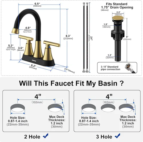 Miniatura 6 de Grifos de baño para lavabo de 3 orificios, Hurran grifo de lavabo de baño de 4 pulgadas en negro y dorado con desagüe emergente y mangueras