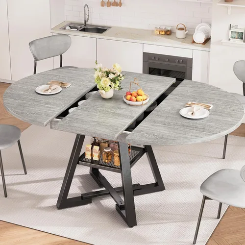 Miniatura 11 de Mesa de comedor redonda extensible de 43 a 57 pulgadas para 4-6, moderna mesa de comedor ovalada de cocina industrial con hojas extraíbles, base