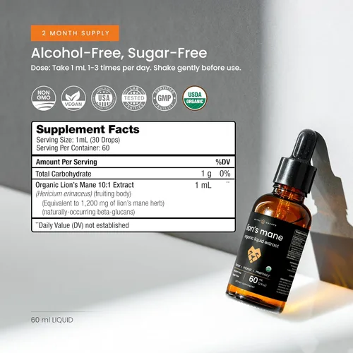 Miniatura 5 de NutraChamps Tintura de melena de león – Extracto líquido de melena de león orgánico USDA – 2 onzas líquidas – Sin alcohol, gotas de melena de león