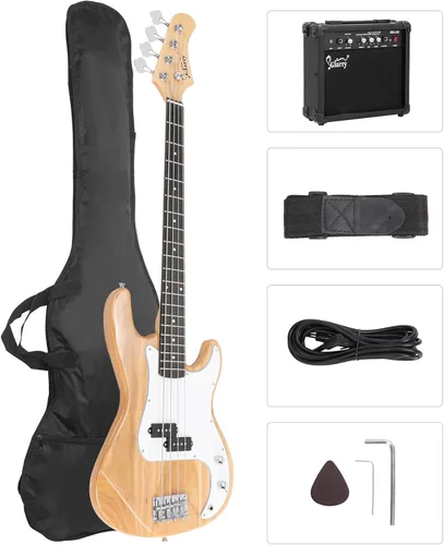 Miniatura 10 de GLARRY Kit para principiantes de bajo eléctrico de tamaño completo, 4 cuerdas, exquisito bajo de tilo con amplificador de 20 W, cable, correa, bolsa