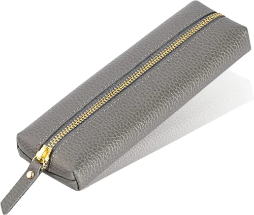 Miniatura 8 de Estuche de cuero auténtico para bolígrafos, estuche de cuero de vaca con cremallera, suave bolsa de cuero negra para adultos.