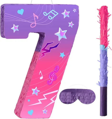 Threan Piñata número 7, decoración de fiesta temática musical rosa y morado, juego de cumpleaños, relleno de dulces para niñas y niños de 7 años,